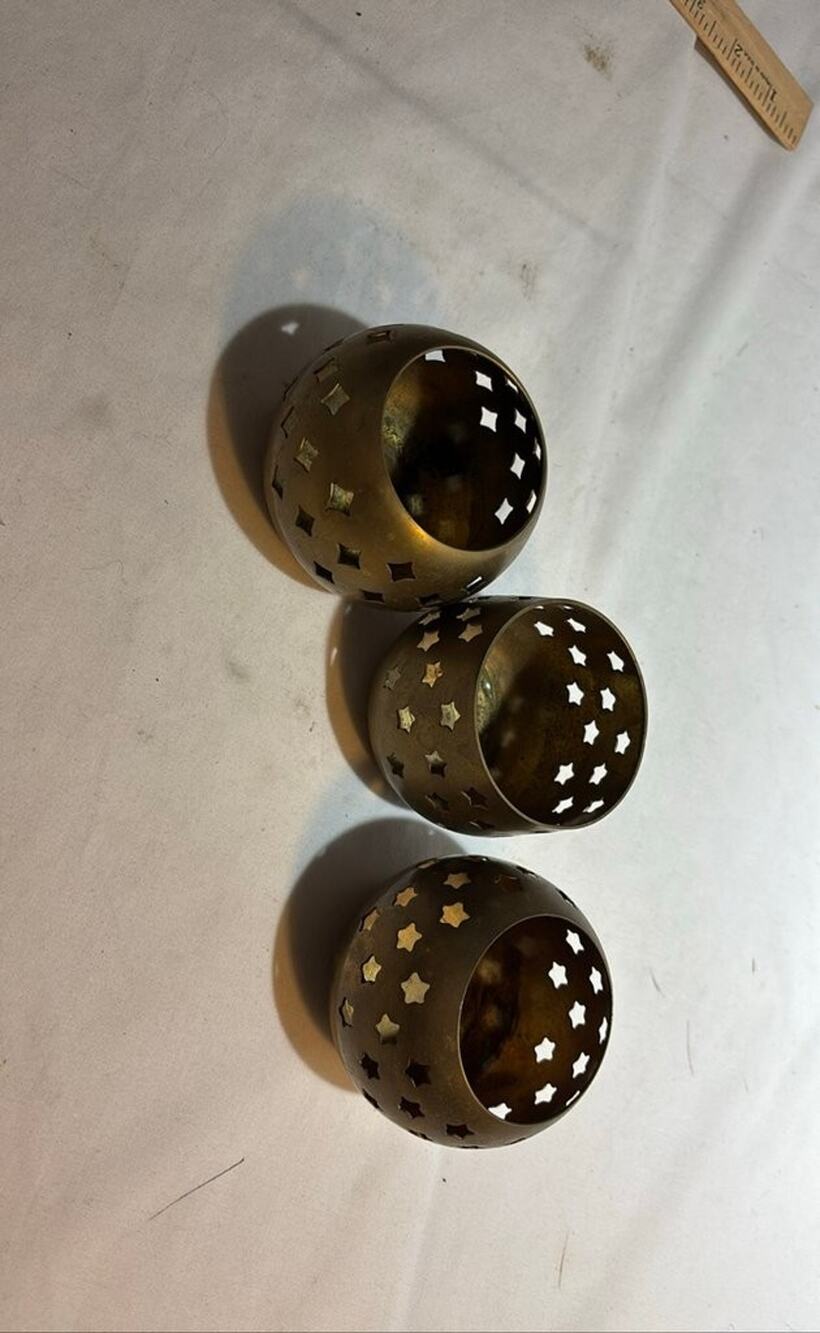 Set of Three Brass Star Cutout Candle Holders